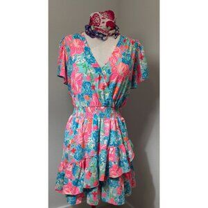 Lilly Pulitzer Ritamarie V-neck Ruffle Dress Blue Pink Floral Size 12
